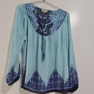 ONE WORLD Aqua and Navy Long Sleeve Top